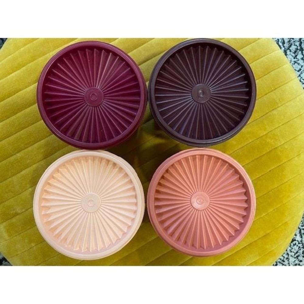 Tupperware Servalier Canister Set 4pc Sunburst Lids Peach Coral Maroon 810-17